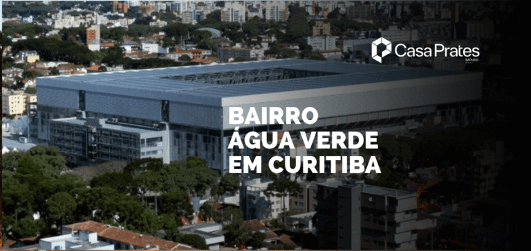 Vista aérea do Bairro Água Verde em Curitiba, destacando região urbana com prédios residenciais, áreas arborizadas e estrutura moderna em material da Casa Prates Imóveis.