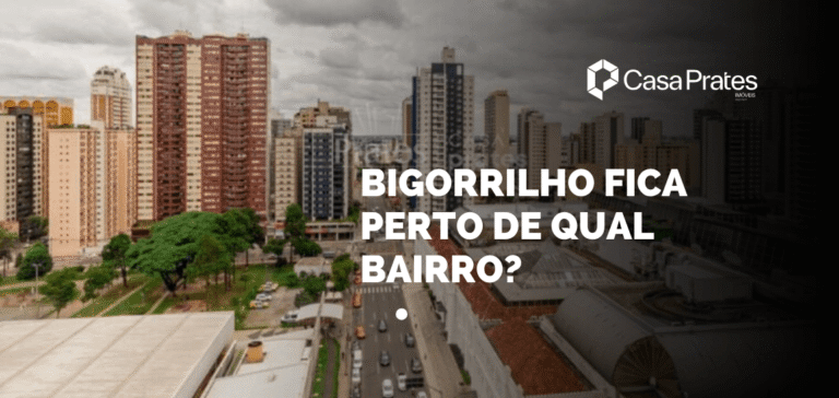 Vista urbana de Curitiba com prédios e vias movimentadas, com destaque para a pergunta “Bigorrilho fica perto de qual bairro?” e a marca Casa Prates Imóveis.