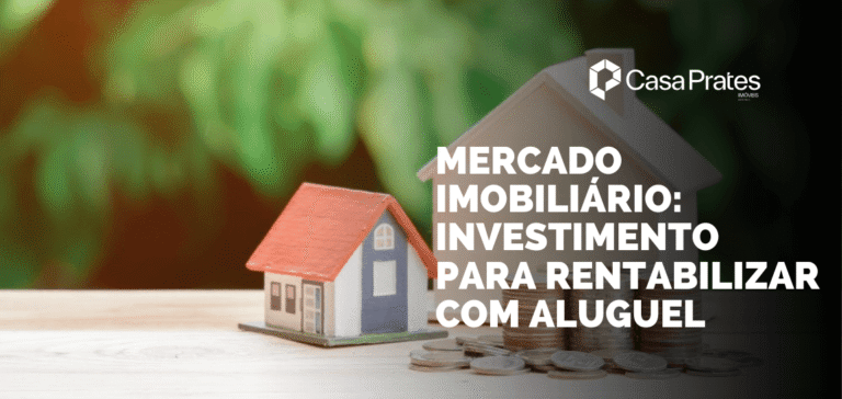 Imagem com fundo de miniaturas de casas e pilhas de moedas, acompanhada da frase “Mercado Imobiliário: investimento para rentabilizar com aluguel”, destacando o potencial do investimento no mercado imobiliário para geração de renda passiva.
