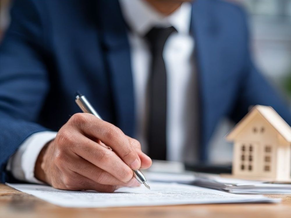 Homem de terno assinando contrato de aluguel, simbolizando etapas de como alugar um apartamento sem fiador de forma segura.