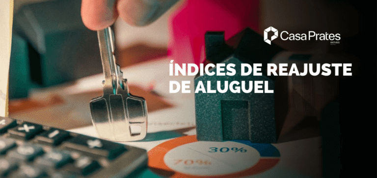 Índices de reajuste de aluguel com calculadora, gráfico de porcentagem e miniatura de casa, representando atualização de valores imobiliários pela Casa Prates Imóveis.